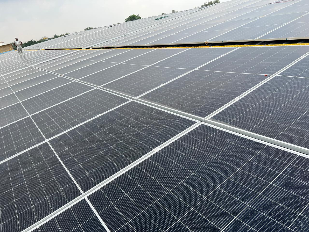 Close view of rows of installed solar panels at the 300 kW project